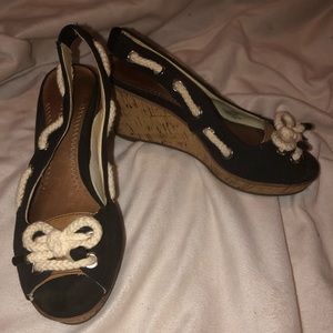 Sperry Black Peep Toe Cork Wedge Sandals 7.5